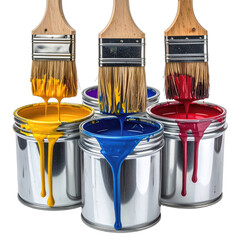 Multiple paintbrushes dripping vibrant yellow, blue, and red paint into open cans against a stark black background.