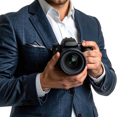 A well-dressed man in a suit holds a professional DSLR camera against a dark background.