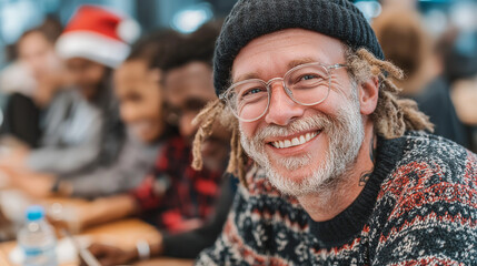 Happy man smiling while celebrating Christmas with colleagues indoors  