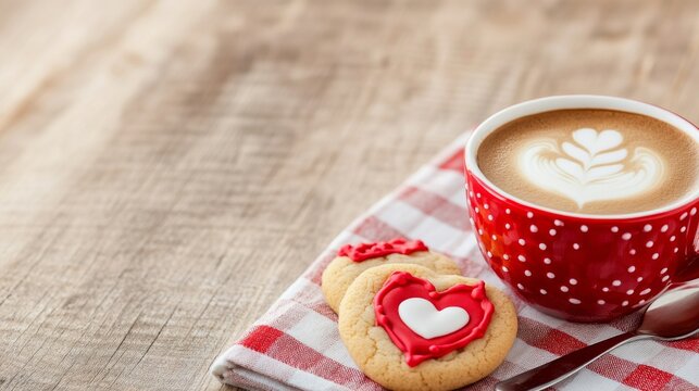 Red Polka Dot Latte with Heart Cookies, Valentine's , Romance - Powered by Adobe