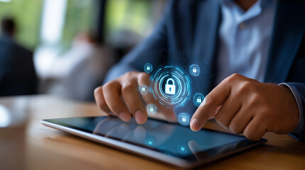 Fototapeta premium Faceless businessman using tablet for home office security showcasing digital safety measures and cybersecurity solutions for remote work environments with data protection and onli