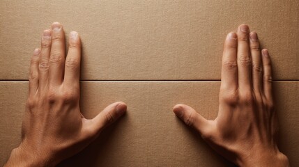 Hands placing and aligning cardboard box for shipping or moving concept