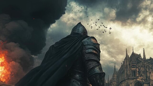 Epic view of a knight facing a burning castle amidst dark clouds and flying birds at dusk