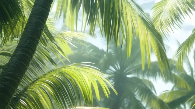 Lush tropical landscape featuring coconuts under vibrant palm trees in a dense rainforest