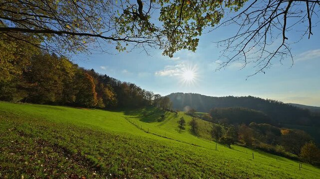 Weite gr&uuml;ne Wiesen unter strahlender Sonne und klarem Himmel f&uuml;r eine nat&uuml;rliche, friedliche Stimmung, V&ouml;ckelsbach, M&ouml;rlenbach, Landkreis Bergstrasse, Odenwald, Hessen, Deutschland, Europa 