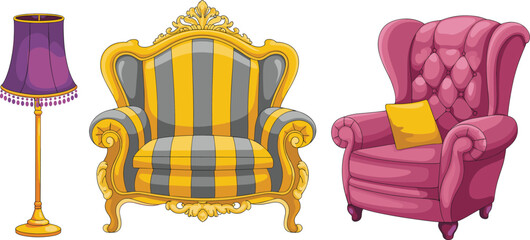 Luxurious vintage armchairs with decorative striped upholstery and elegant floor lamp illustration, showcasing ornate classic furniture and stylish interior decor elements for home design