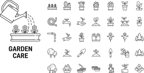 Garden care icons set featuring plants, watering, gardening tools, soil cultivation, tree planting, nature elements, horticulture activities, outdoor growth and maintenance © Quiet Visuals