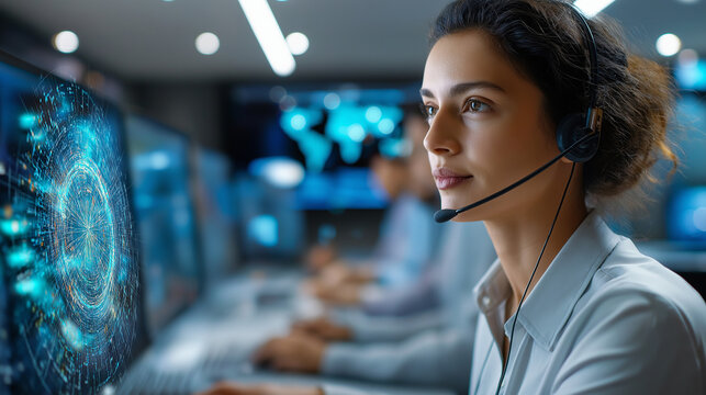 Indian faceless cybersecurity analyst utilizing AI voice interface for real-time threat detection in smart city command center, collaborating on cloud infrastructure defense, with 