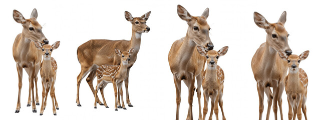 Set of Doe with baby isolated,  deer with its baby fawn, roe deer fawn with  mother, Baby white tail deer fawn with mother PNG