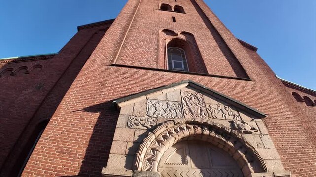 footage of the entrance of the Church of our Lady in Aalborg, Denmark