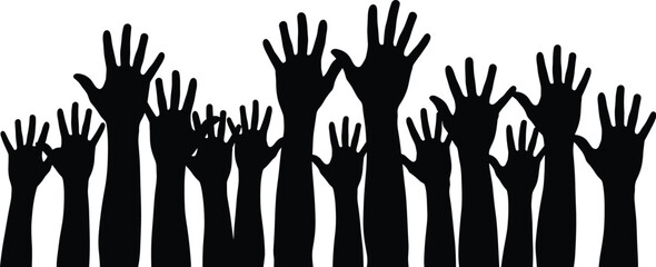 Obraz premium Silhouette of raised hands in crowd symbolizing unity, volunteering, community support, teamwork, activism, celebration, participation, freedom, equality, and human connection