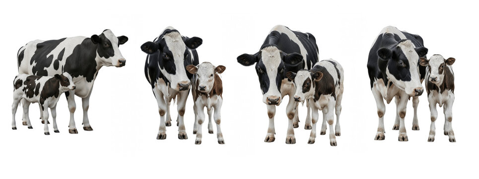 Set Of Holstein Friesian Cow with Baby isolated on transparent background, Diary Cow with baby calf PNG