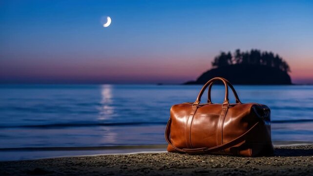 Brown leather duffel bag resting on pebbly beach at twilight with crescent moon over ocean island