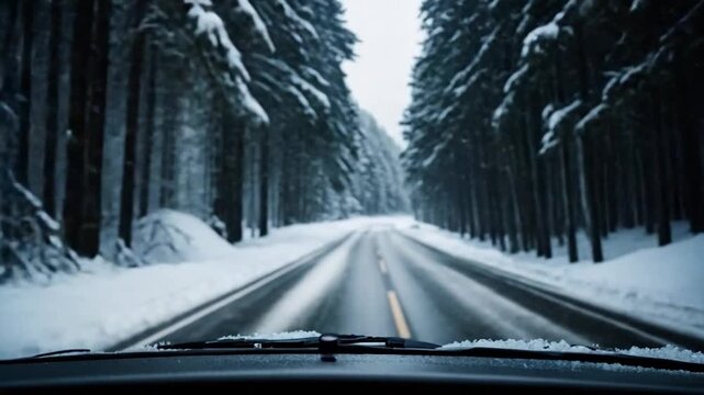 Video Video A car drives down a snowy road on a winter day