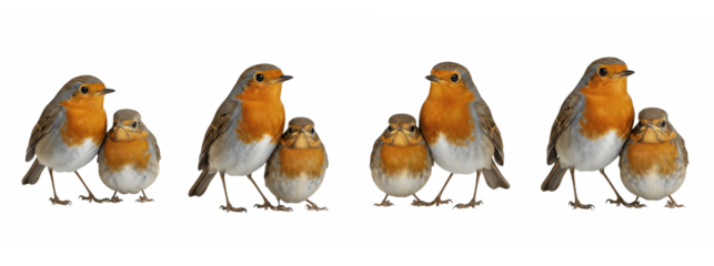 Set Of European robin Bird with Baby Chick isolated on white background, (Erithacus rubecula) , PNG