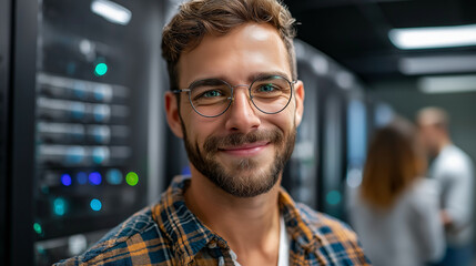 Fototapeta premium Smiling faceless tech specialist in server room looks into camera, young person with eyeglasses stands near servers in data center, IT expert in plaid shirt at work, with copy spac