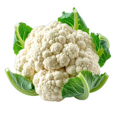 A perfectly formed head of white cauliflower surrounded by vibrant green leaves set against a stark black background.