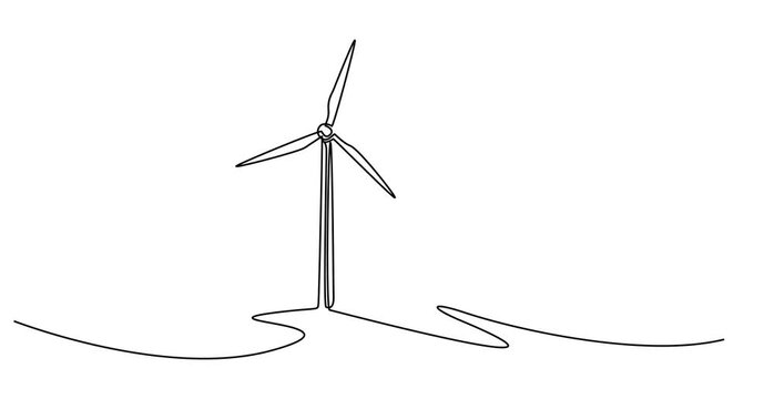 Animated self drawing of  Continuous one line drawing of wind turbines eco energy. simple wind turbines outline vector illustration, Wind mill, wind generator energy, single continuous line art