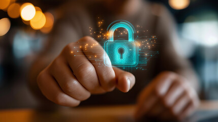 Faceless cybersecurity expert securing data with modern digital padlock interface, defocused encryption implementation, protection activation, privacy safeguarding, security engage