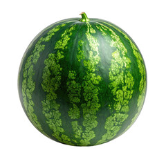 A whole watermelon with dark green rind patterns isolated on a black background.