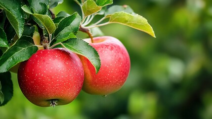 Two Ripe Red Apples Hanging on a Branch with Green Leaves CloseUp.
