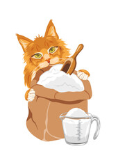 Ginger cat is peeking out from behind the bag of flour