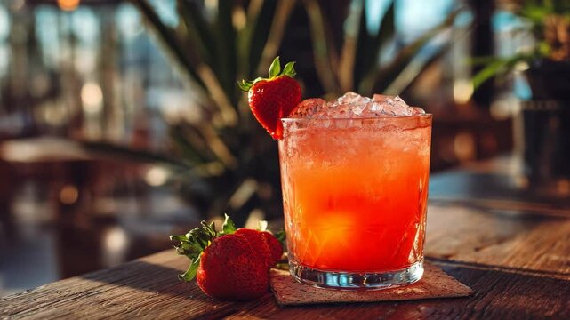 Refreshing Strawberry Cocktail, Refreshing strawberry cocktail served in a glass with ice, garnished with fresh strawberries and a vibrant, summery appeal