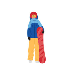Snowboarding gear. Person Wearing Winter Clothing with Jacket, Hat, board. Standing in Snowy Area During Cold Season. Winter sport