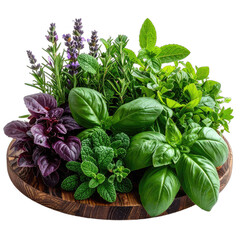 A vibrant assortment of fresh culinary herbs displayed on a rustic wooden board against a black background.