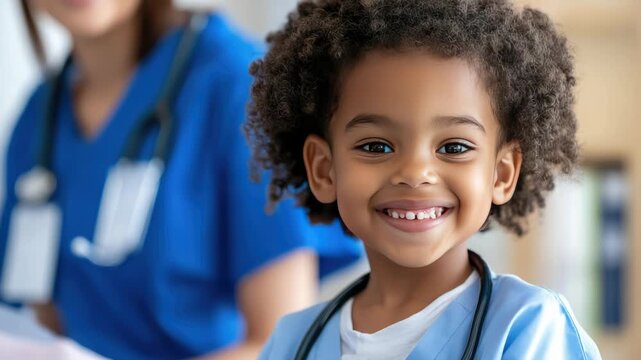 Sweet young African American girl in blue scrubs with a stethoscope, smiling confidently while pretending to be a doctor in a clinic setting with a nurse in the background