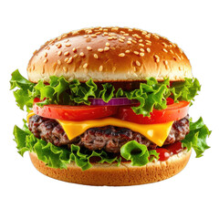 A perfectly constructed classic cheeseburger with fresh ingredients against a black background.