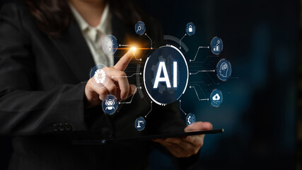 A concept of a multifunctional AI platform. This central intelligence hub powers various business operations, including automation, security, data analysis, and innovation. Fermion