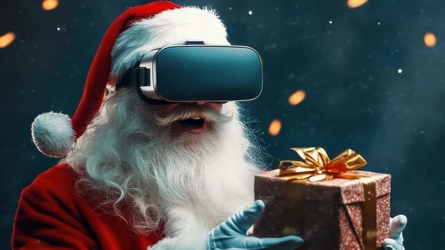 Contemporary Santa Claus wearing a virtual reality headset, immersed in a futuristic metaverse adventure against a cheerful red backdrop, embodying a modern holiday season