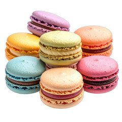 A vibrant assortment of colorful French macarons stacked against a solid black background.