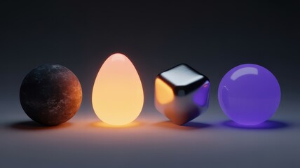 Four glowing geometric shapes on a dark background