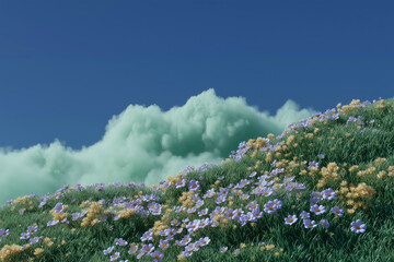 Colorful Spring Meadow with Wildflowers Under Blue Sky and Dreamy Green Clouds
