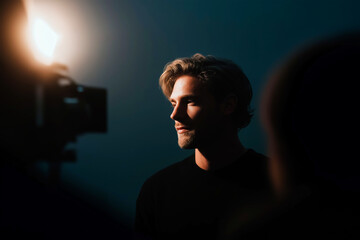 Handsome Man Smiling in Film Studio Lighting During Interview or Video Shoot
