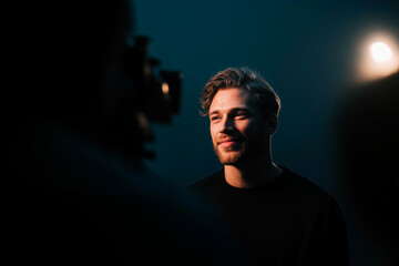 Handsome Man Smiling in Film Studio Lighting During Interview or Video Shoot
