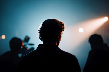 Handsome Man Smiling in Film Studio Lighting During Interview or Video Shoot
