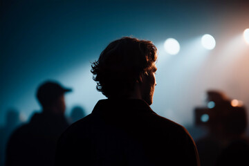 Handsome Man Smiling in Film Studio Lighting During Interview or Video Shoot
