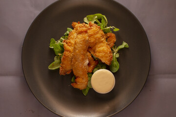 A delicious plate showcasing crispy fried chicken tenders, fresh salad greens, and a flavorful dipping sauce