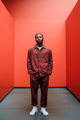 Modern Man in Red Casual Outfit Posing in Futuristic Symmetrical Red Hallway

