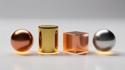 Four metallic geometric shapes with glowing bases sphere