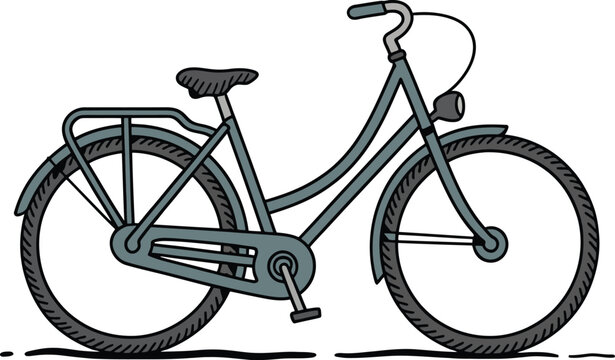Classic dutch style commuter bicycle line art drawing blue grey colors vector illustration isolated transparent background