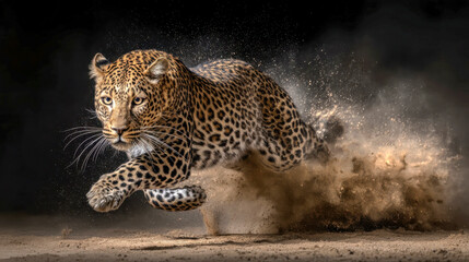 African leopard running in sand