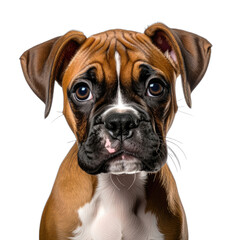 A striking close-up portrait of a Boxer puppy against a deep black background.