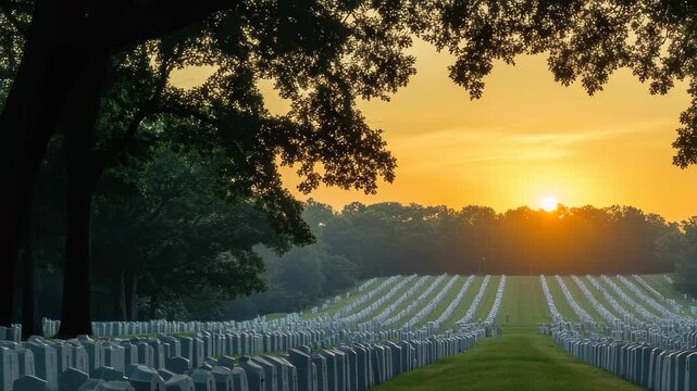 Sunset over a serene cemetery with rows of gravestones creating a poignant atmosphere of remembrance