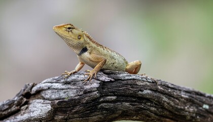 Obraz premium Small lizard perched on a tree branch in natural surroundings, perfect for wildlife photography, reptile studies, nature education, biodiversity themes, and outdoor animal concepts.