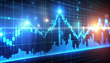 Glowing financial market chart with rising and falling lines and bars, ideal for stock trading, investment analysis, fintech, business growth, and economic data concepts.