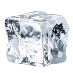 A single, clear ice cube with irregular, textured surfaces set against a stark black background.